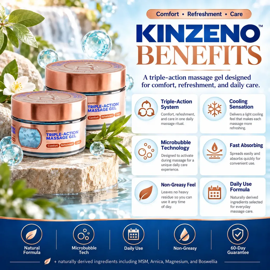 Kinzeno benefits: triple-action system, cooling sensation, microbubble technology, fast absorbing, non-greasy feel and daily use formula